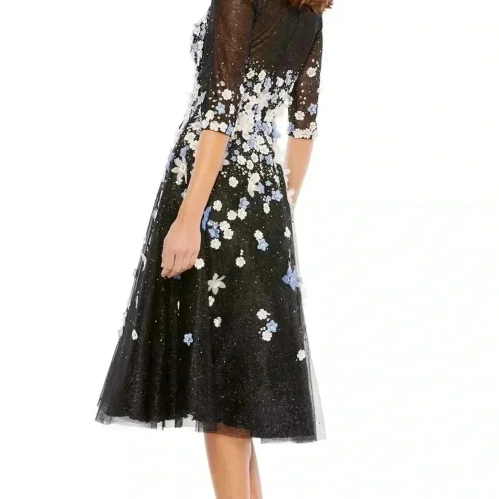 Tea Dress with Illusion Neck & Elbow-length Sleeve by Mac Duggal Style 11161 - Picture 2 of 6